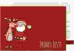 Weihnachtskarte Cartoon A6 Postkarte rot lustig mit Weihnachtsmann und Rentier Rudolf