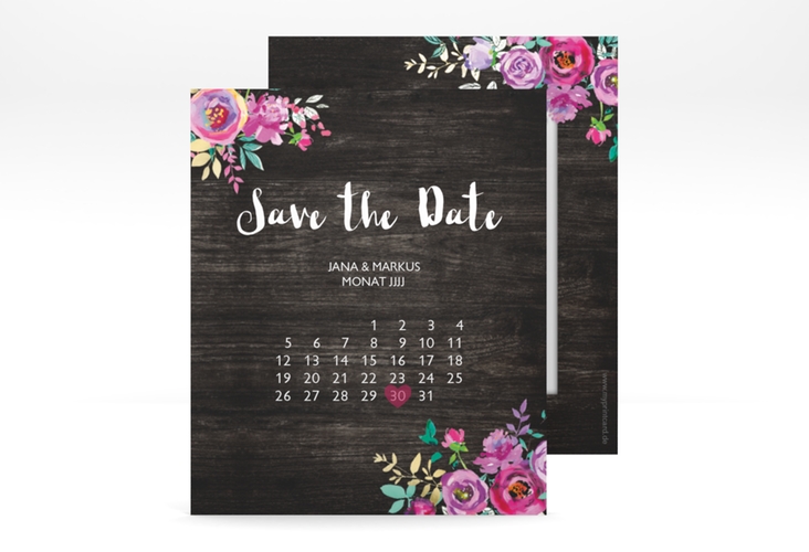 Save the Date-Kalenderblatt Flourish Kalenderblatt-Karte schwarz mit floraler Bauernmalerei auf Holz