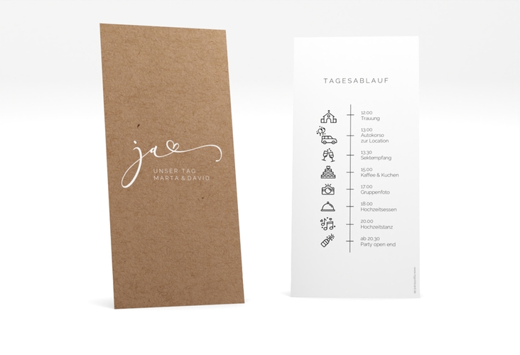 Tagesablauf Hochzeit Jawort lange Karte hoch Kraftpapier modern minimalistisch mit veredelter Aufschrift