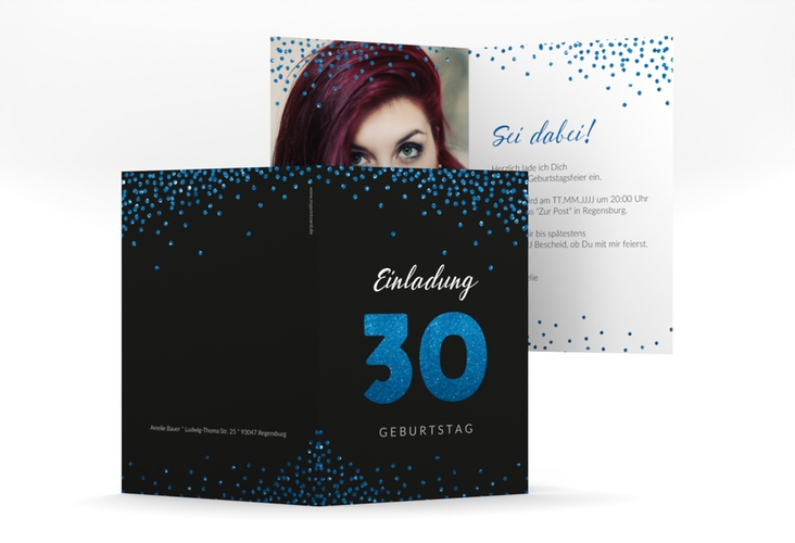 Einladung 30. Geburtstag Glitzer A6 Klappkarte hoch blau