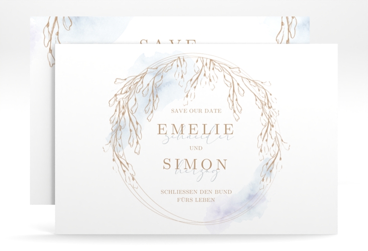 Save the Date-Karte Wisteria A6 Karte quer blau mit Blumenbogen aus Blauregen
