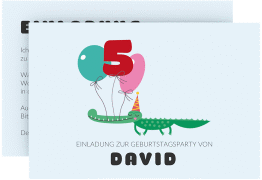 Einladungskarte Kindergeburtstag Kroko A6 Karte quer blau mit Krokodil und Luftballons