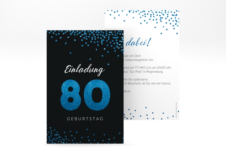Einladung 80. Geburtstag Glitzer A6 Karte hoch blau
