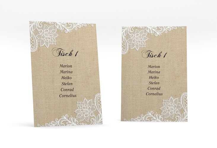 Tischaufsteller Hochzeit Lace Tischaufsteller beige in Leinen-Optik mit weißer Spitze