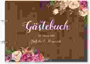 Gästebuch Holzcover Nussbaum Flowers Holz-Cover, bedruckt braun mit bunten Aquarell-Blumen