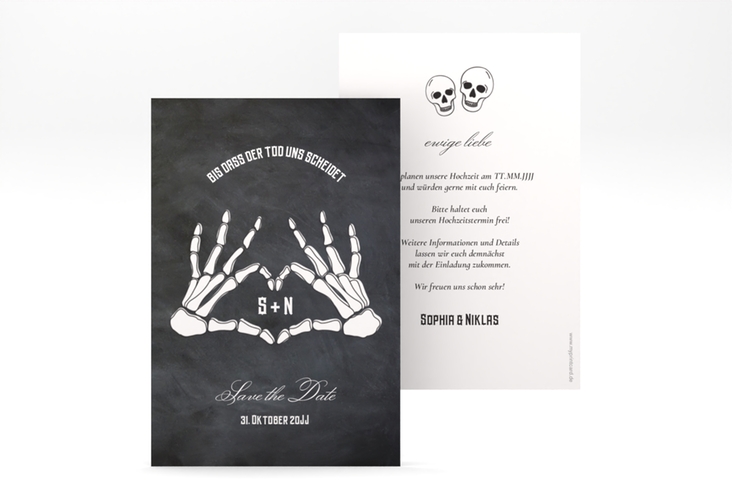 Save the Date-Karte Skeleton A6 Karte hoch mit Skelett-Händen