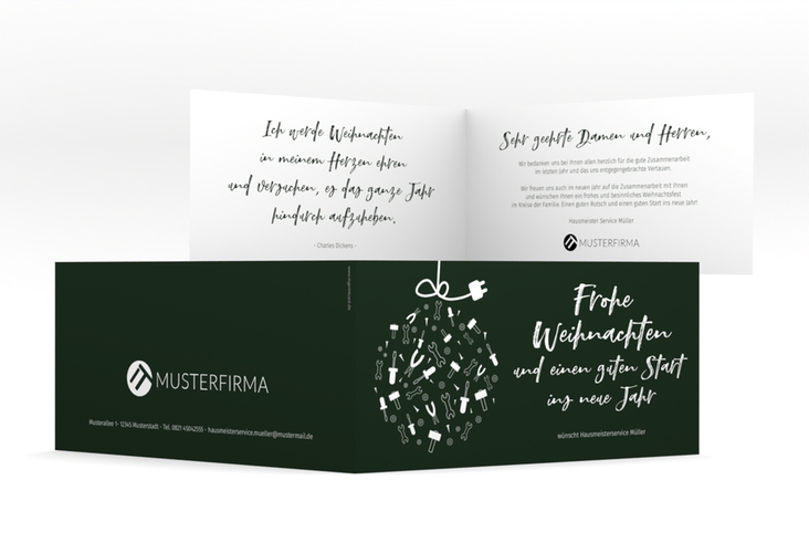 Business-Weihnachtskarte Werkzeugkugel lange Klappkarte quer gruen hochglanz mit Weihnachtskugel aus Werkzeugen