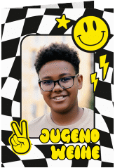 Klick: Details zu Einladung Jugendweihe "Vibes" anzeigen Einladung Jugendweihe Vibes A6 Klappkarte hoch schwarz