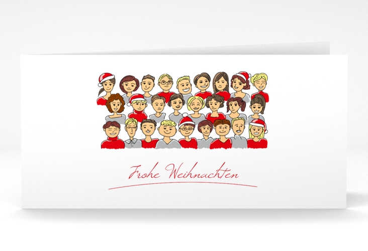 Business-Weihnachtskarte Team lange Klappkarte quer rot und weiß mit gezeichnetem Mitarbeiter-Team