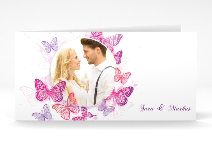 Hochzeitseinladung Schmetterlinge lange Klappkarte quer pink hochglanz