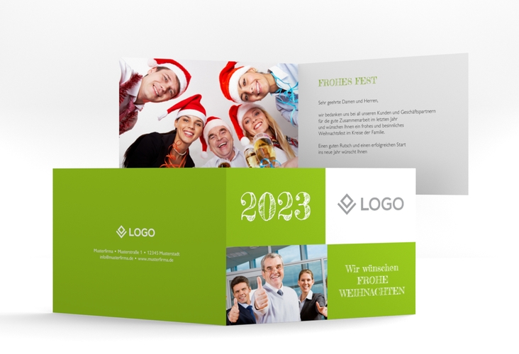 Geschäftliche Weihnachtskarte Partner A6 Klappkarte quer gruen hochglanz modern mit Logo Ihrer Firma