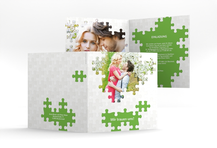 Hochzeitseinladung Puzzle quadr. Klappkarte gruen