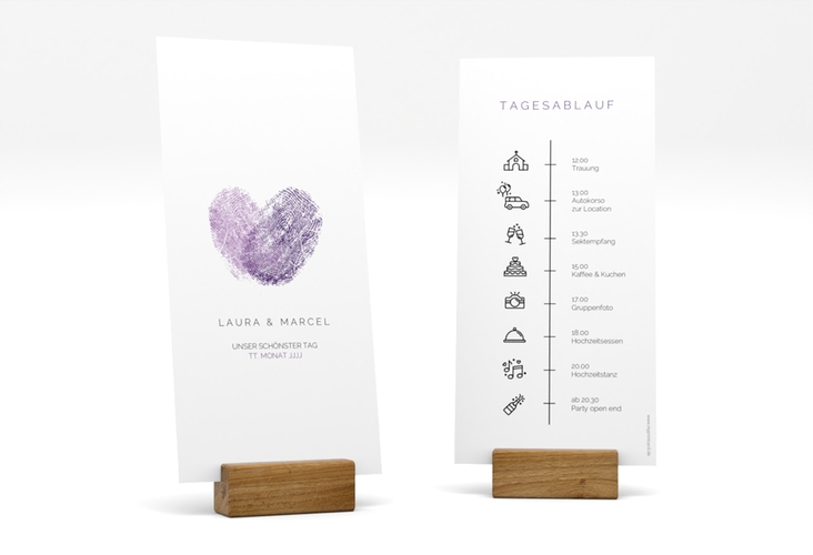 Tagesablauf Hochzeit Fingerprint lange Karte hoch lila schlicht mit Fingerabdruck-Motiv