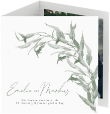 Klick: Details zu Dankeskarte Hochzeit "Eucalyptus Green" anzeigen Dankeskarte Hochzeit Eucalyptus Green quadr. Doppel-Klappkarte weiss
