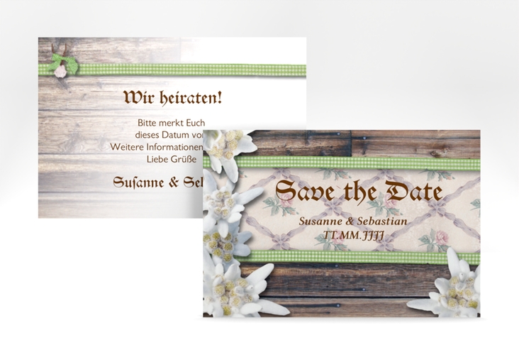 Save the Date-Karte Hochzeit Bayern A6 Karte quer gruen hochglanz mit Edelweiß in rustikaler Holz-Optik