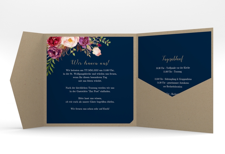 Hochzeitseinladung Flowers Pocketfold blau hochglanz mit bunten Aquarell-Blumen