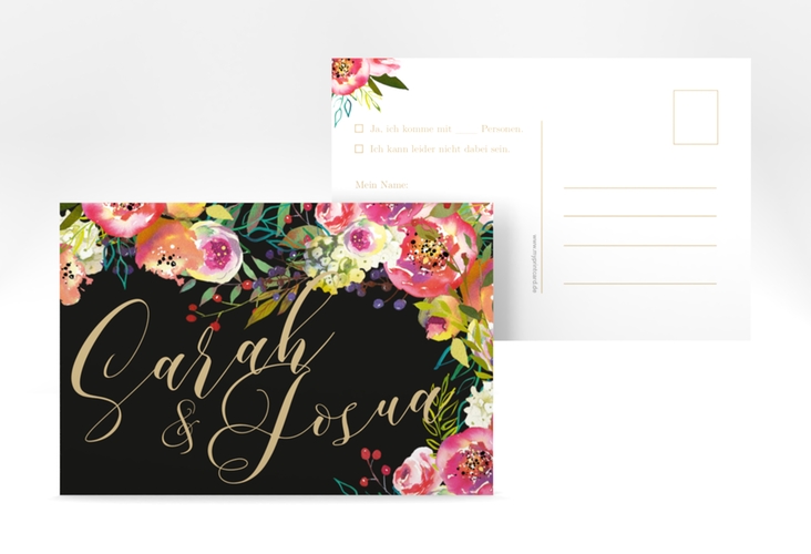 Antwortkarte Hochzeit Flowerbomb A6 Postkarte schwarz hochglanz