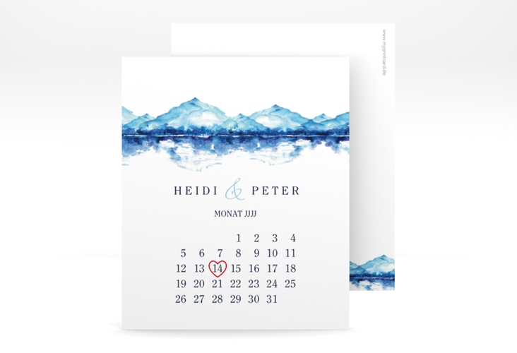 Save the Date-Kalenderblatt Bergliebe Kalenderblatt-Karte blau hochglanz mit Gebirgspanorama für Berghochzeit