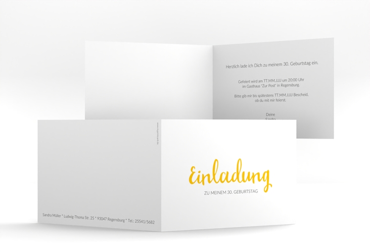 Einladung Geburtstag Handwriting A6 Klappkarte quer gelb