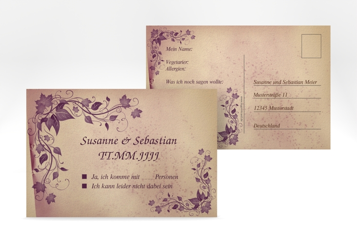 Antwortkarte Hochzeit Erfurt A6 Postkarte hochglanz mit Weinranken in Violett