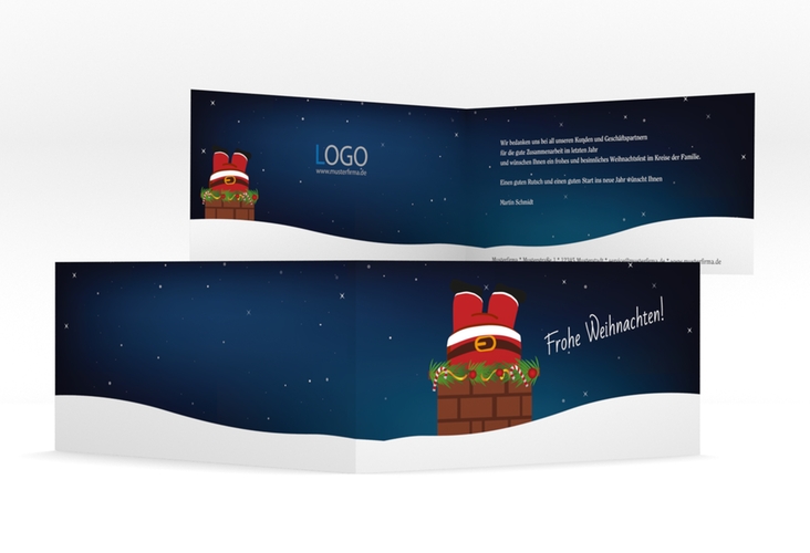 Geschäftliche Weihnachtskarte Schornstein lange Klappkarte quer hochglanz lustig mit Weihnachtsmann im Kamin