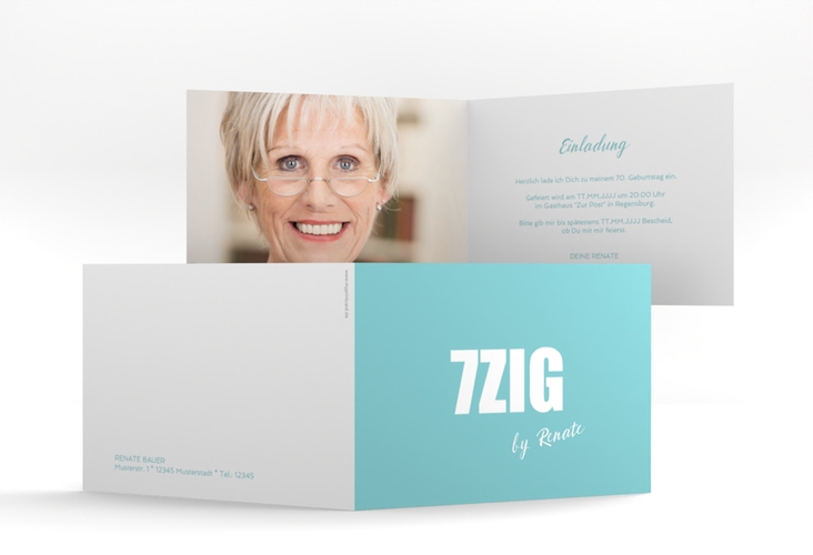 Einladung 70. Geburtstag Zig A6 Klappkarte quer tuerkis