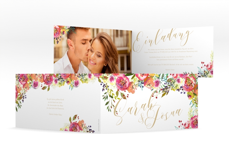 Hochzeitseinladung Flowerbomb lange Klappkarte quer weiss