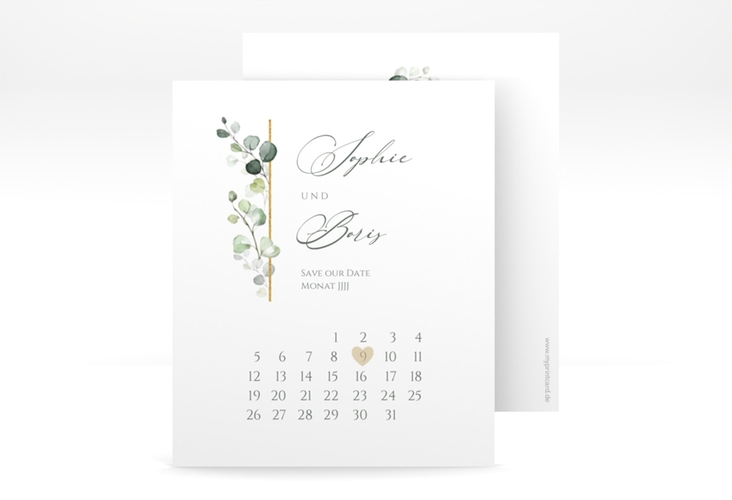 Save the Date-Kalenderblatt Adelya Kalenderblatt-Karte weiss elegant mit Eukalyptus-Motiv