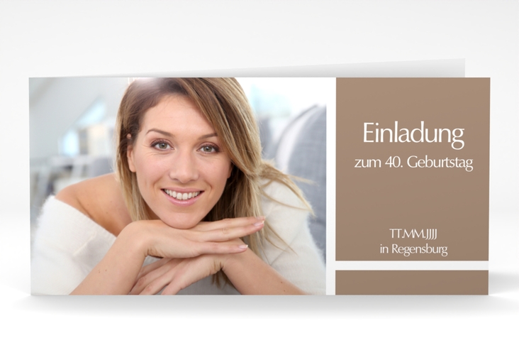 Einladung 40. Geburtstag Gerd/Gerda lange Klappkarte quer braun mit Foto