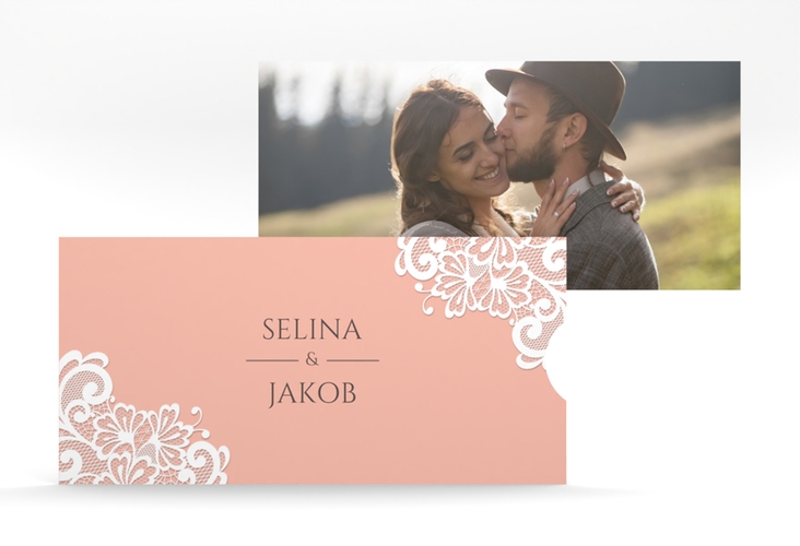 Hochzeitseinladung Vintage Einsteckkarte apricot mit floraler Spitze