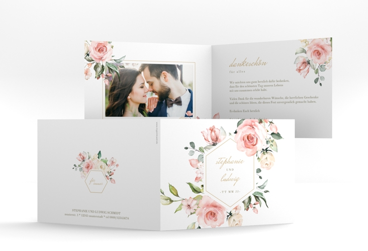 Dankeskarte Hochzeit Graceful A6 Klappkarte quer weiss hochglanz mit Rosenblüten in Rosa und Weiß