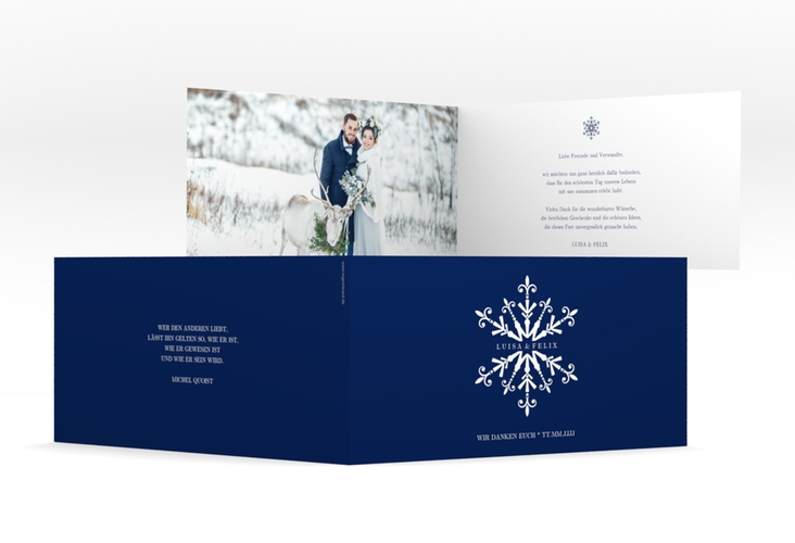 Danksagungskarte Hochzeit Crystal lange Klappkarte quer blau mit Eiskristall