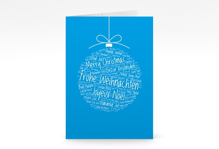 Business-Weihnachtskarte Wunderkugel A6 Klappkarte hoch blau hochglanz schlicht mit Christbaumkugel