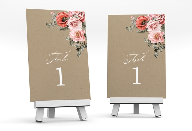 Tischnummer Hochzeit Grazioso Tischaufsteller Kraftpapier modern mit Mohnblumen und Rosen