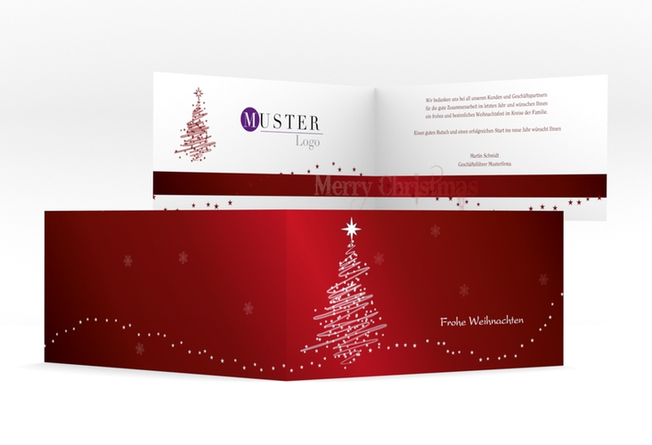 Business-Weihnachtskarte Weihnachtsbaum lange Klappkarte quer rot hochglanz