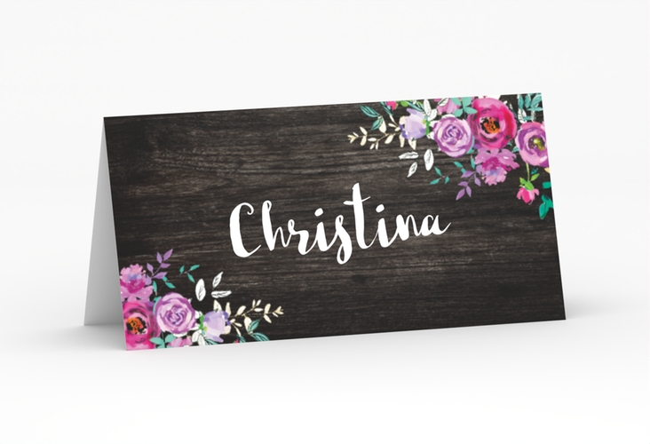 Tischkarte Hochzeit Flourish Tischkarten schwarz mit floraler Bauernmalerei auf Holz