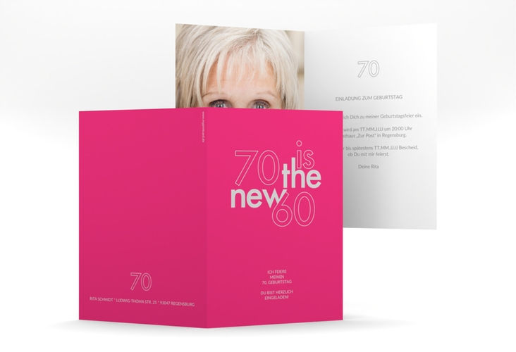 Einladung 70. Geburtstag Grateful A6 Klappkarte hoch pink
