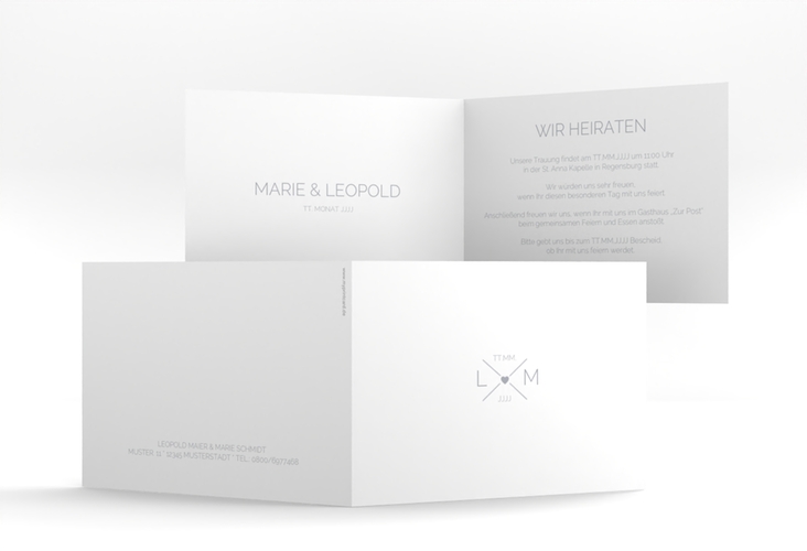 Hochzeitseinladung Initials A6 Klappkarte quer grau mit Initialen im minimalistischen Design