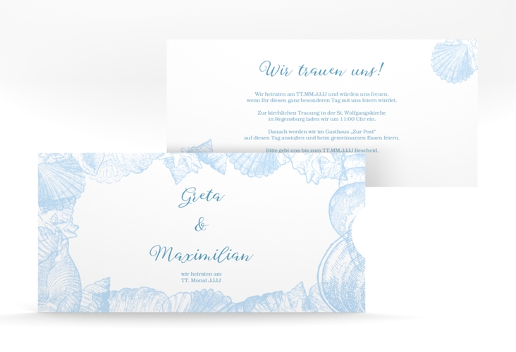 Hochzeitseinladung Muschelreich Einsteckkarte blau hochglanz