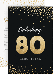 Einladung 80. Geburtstag Glitzer A6 Karte hoch gold