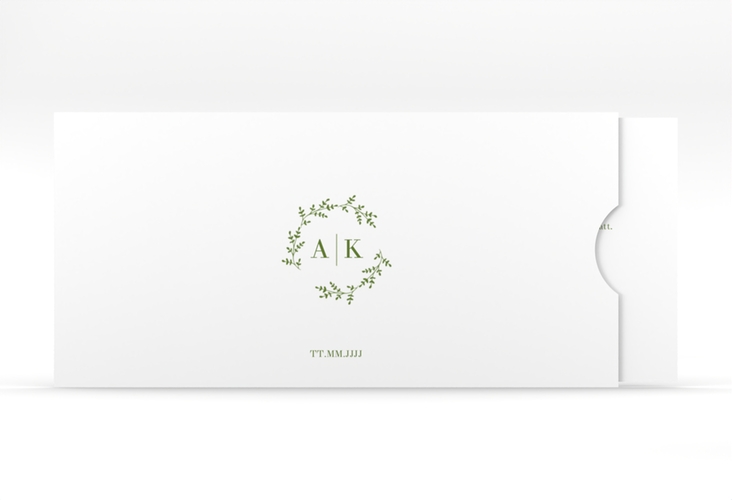 Hochzeitseinladung Filigrana Einsteckkarte gruen hochglanz in reduziertem Design mit Initialen und zartem Blätterkranz
