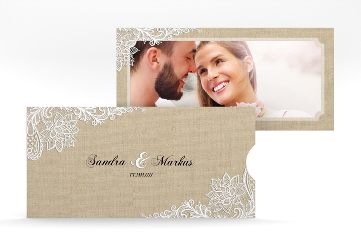 Hochzeitseinladung Lace Einsteckkarte hochglanz in Leinen-Optik mit weißer Spitze