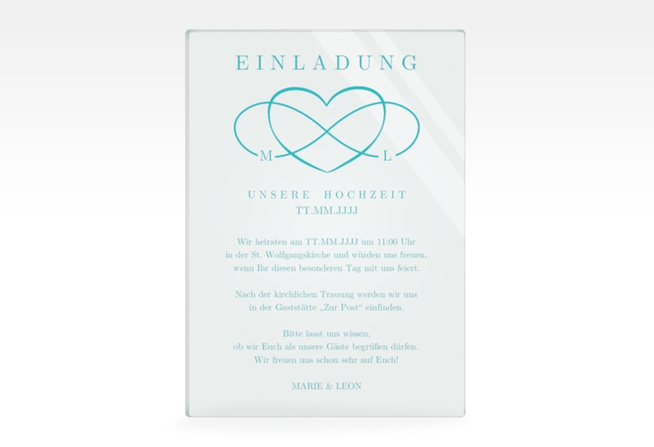 Acryl-Hochzeitseinladung Infinity Acrylkarte hoch tuerkis hochglanz