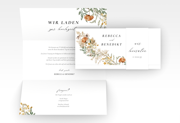 Hochzeitseinladung Wildfang Wickelfalzkarte + Banderole weiss mit getrockneten Wiesenblumen