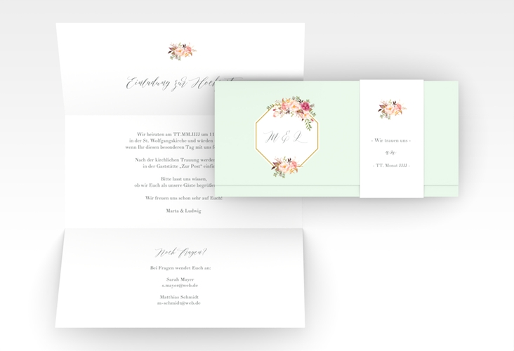 Hochzeitseinladung Prachtvoll Wickelfalzkarte + Banderole mint