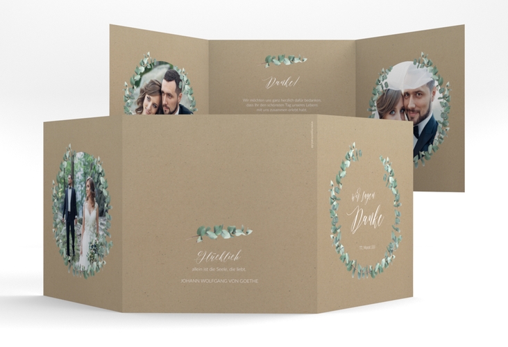 Danksagungskarte Hochzeit Silverleaf quadr. Doppel-Klappkarte Kraftpapier hochglanz mit Eukalyptus-Zweig