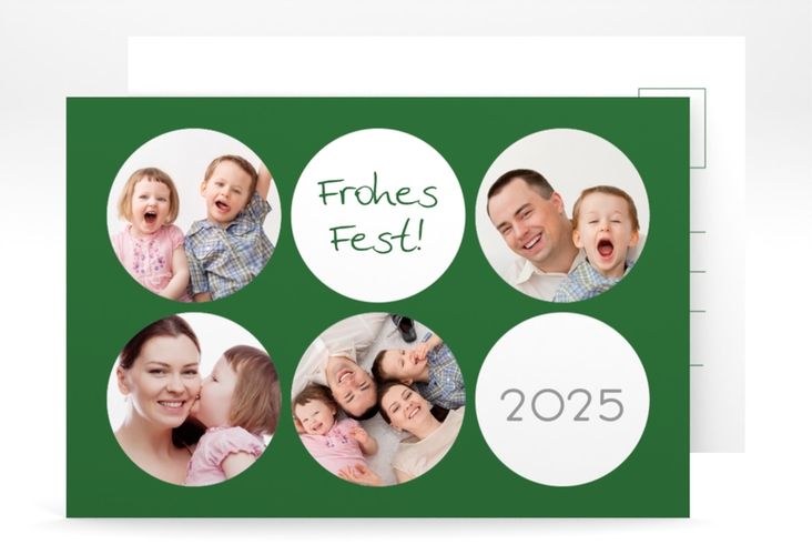 Weihnachtskarte Joy A6 Postkarte gruen hochglanz mit runden Fotos