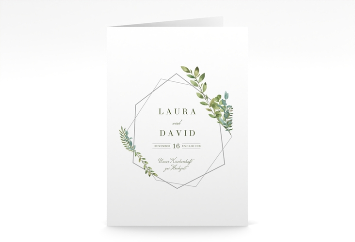 Kirchenheft Hochzeit Herbarium A5 Klappkarte hoch grau hochglanz mit geometrischem Rahmen und Blätter-Dekor