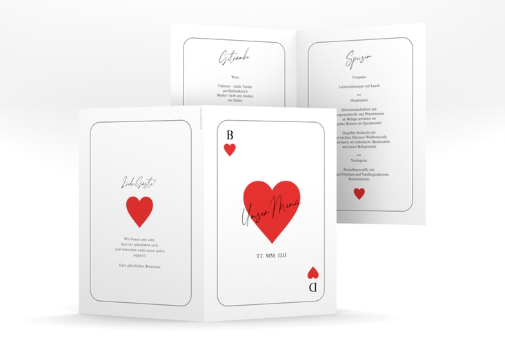 Menükarte Hochzeit Kartenspiel A5 Klappkarte hoch weiss im Herz-Ass-Design eines Kartenspiels