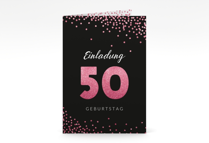 Einladung 50. Geburtstag Glitzer A6 Klappkarte hoch pink hochglanz